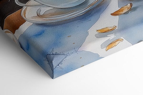 Aquarel van twee kopjes koffie en een croissant op een tafel Aquarel van twee kopjes koffie en een croissant op een tafel
