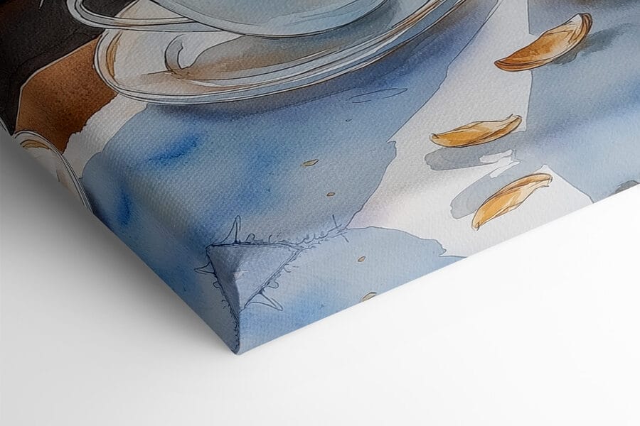 Aquarel van twee kopjes koffie en een croissant op een tafel Aquarel van twee kopjes koffie en een croissant op een tafel