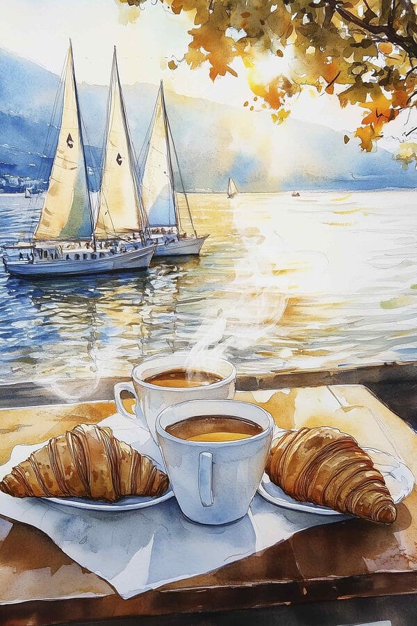 Aquarel van een tafel met koffie en croissants Aquarel van een tafel met koffie en croissants
