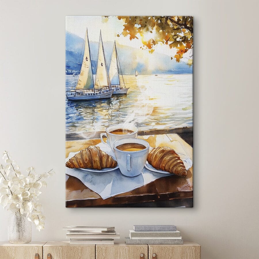 Aquarel van een tafel met koffie en croissants Aquarel van een tafel met koffie en croissants