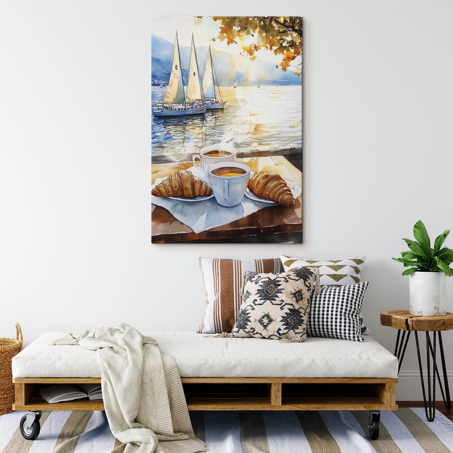 Aquarel van een tafel met koffie en croissants Aquarel van een tafel met koffie en croissants
