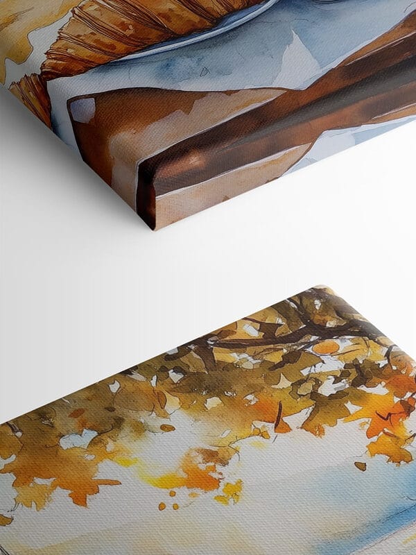 Aquarel van een tafel met koffie en croissants Aquarel van een tafel met koffie en croissants