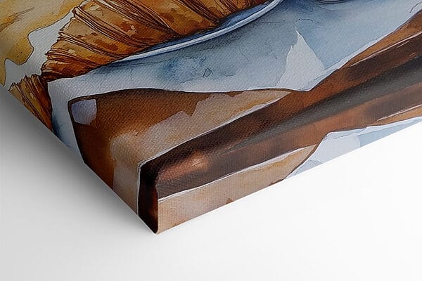 Aquarel van een tafel met koffie en croissants Aquarel van een tafel met koffie en croissants