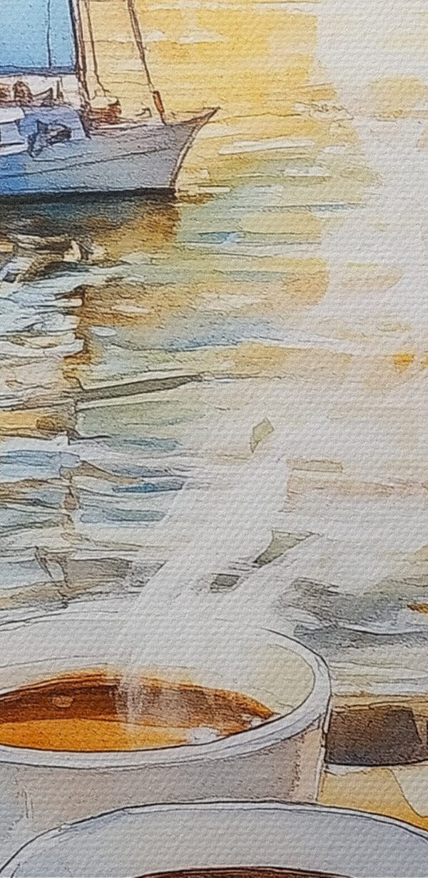Aquarel van een tafel met koffie en croissants Aquarel van een tafel met koffie en croissants