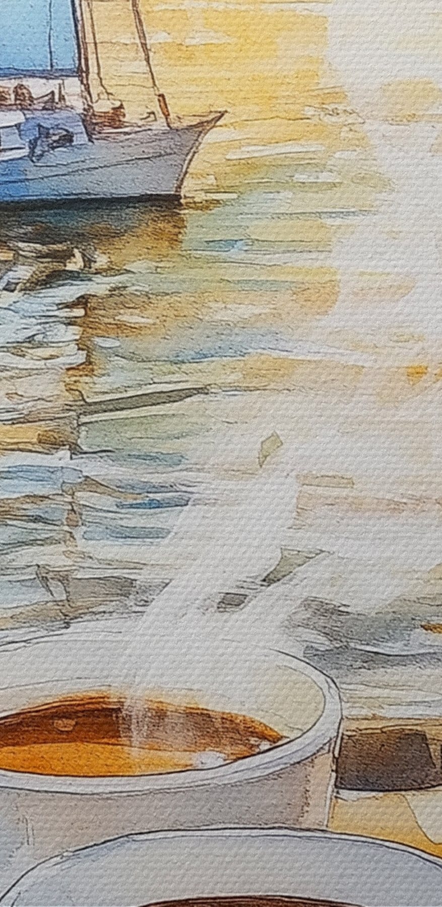 Aquarel van een tafel met koffie en croissants Aquarel van een tafel met koffie en croissants