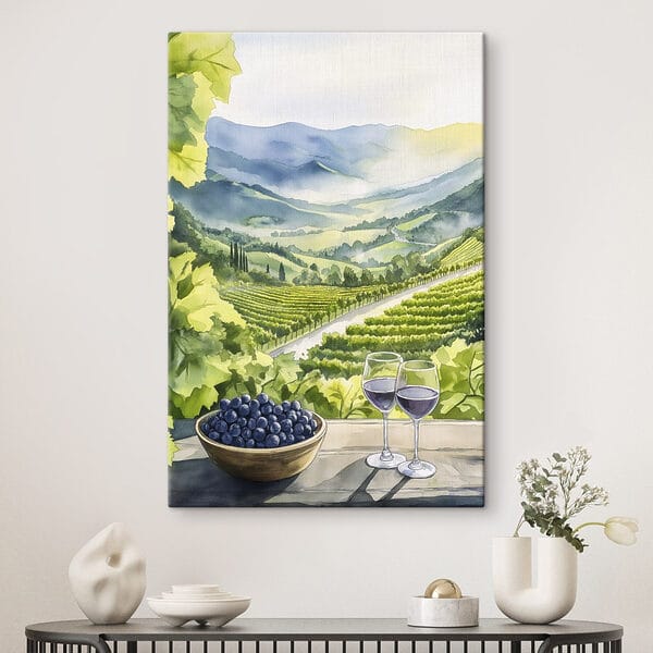 Schilderij van wijnglazen en druiven op een tafel voor een wijngaard Schilderij van wijnglazen en druiven op een tafel voor een wijngaard