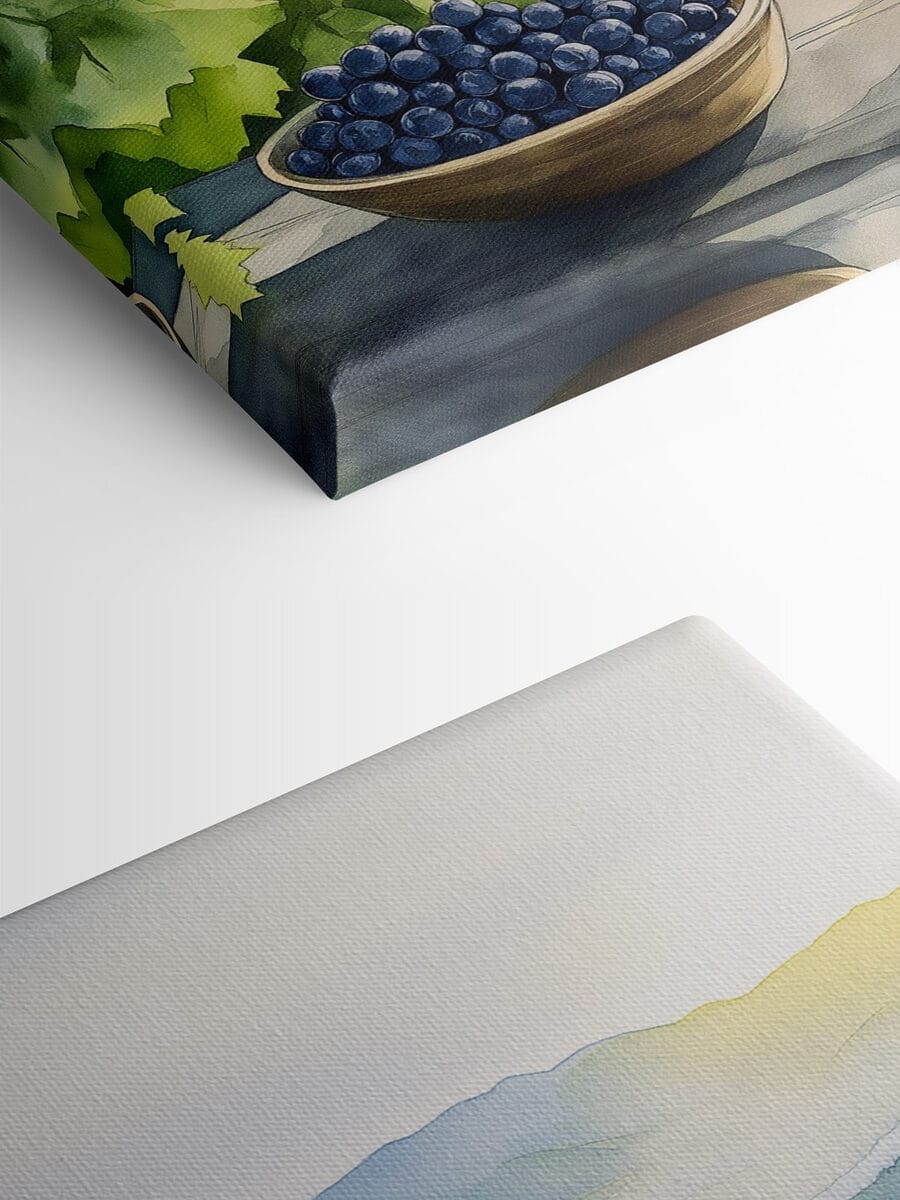 Schilderij van wijnglazen en druiven op een tafel voor een wijngaard