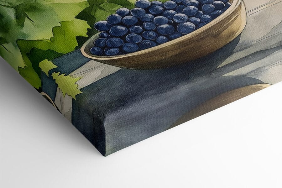 Schilderij van wijnglazen en druiven op een tafel voor een wijngaard