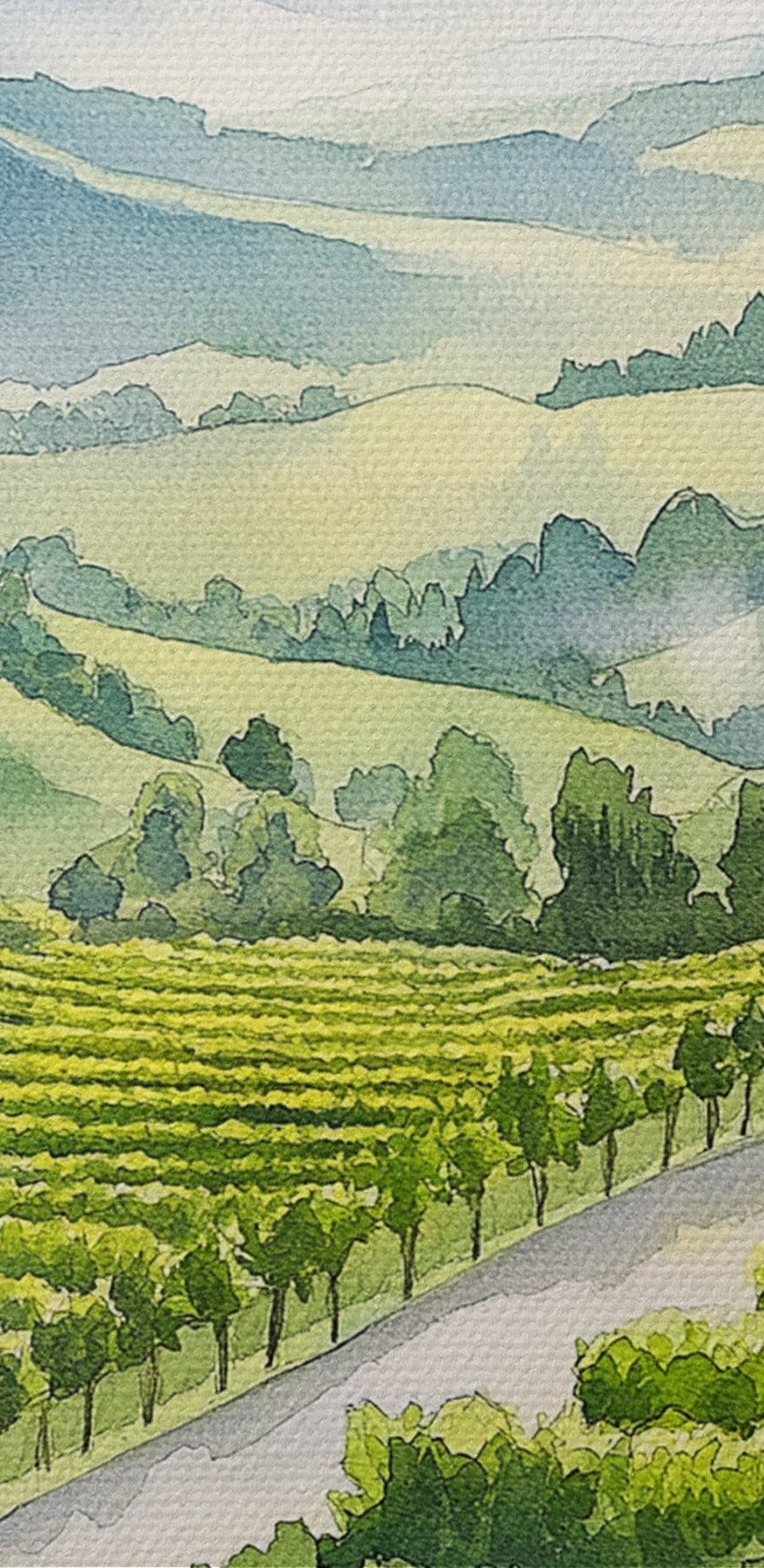 Schilderij van wijnglazen en druiven op een tafel voor een wijngaard