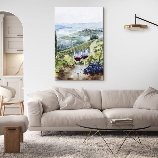 Aquarel van wijnglazen op een tafel met druiven en heuvels op de achtergrond Aquarel van wijnglazen op een tafel met druiven en heuvels op de achtergrond