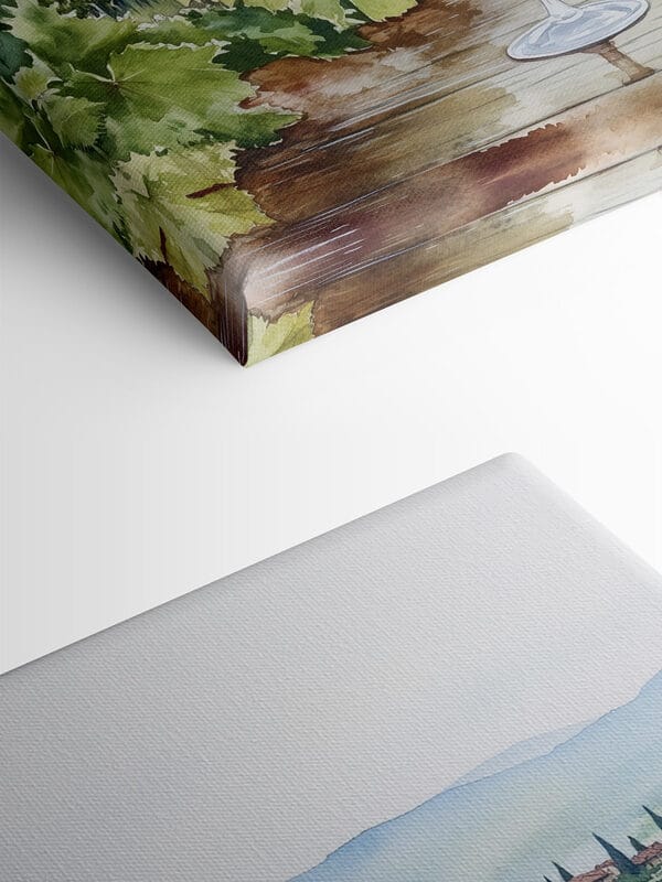 Aquarel van wijnglazen op een tafel met druiven en heuvels op de achtergrond Aquarel van wijnglazen op een tafel met druiven en heuvels op de achtergrond