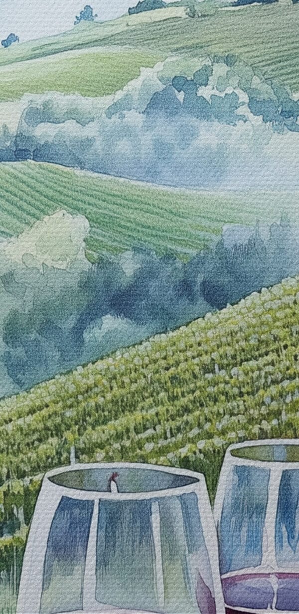 Aquarel van wijnglazen op een tafel met druiven en heuvels op de achtergrond Aquarel van wijnglazen op een tafel met druiven en heuvels op de achtergrond