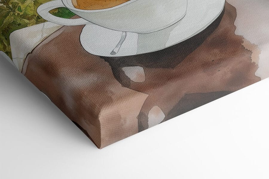Twee kopjes koffie met een hartvormig schuim bovenop een tafel met uitzicht op een watermassa Twee kopjes koffie met een hartvormig schuim bovenop een tafel met uitzicht op een watermassa