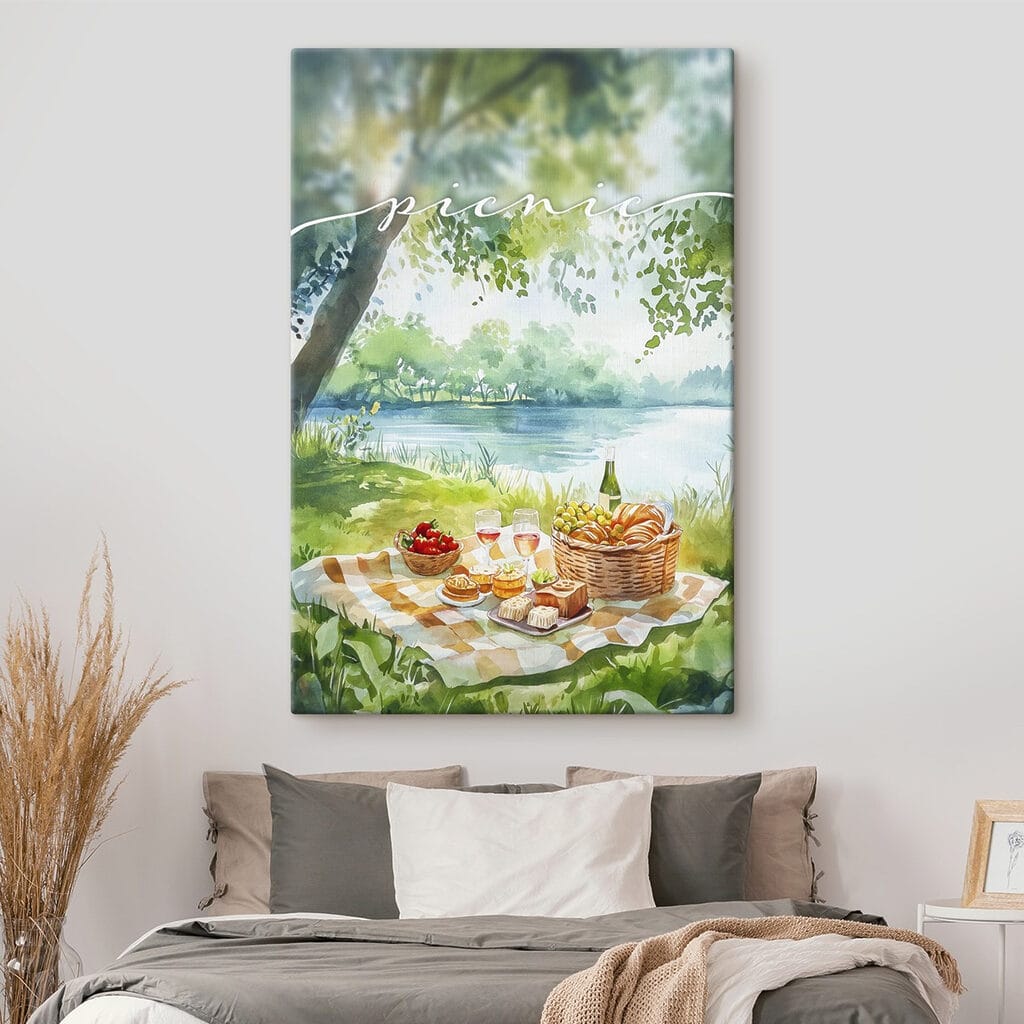 Watercolor painting of a picnic with food and wine on a blanket by a lake