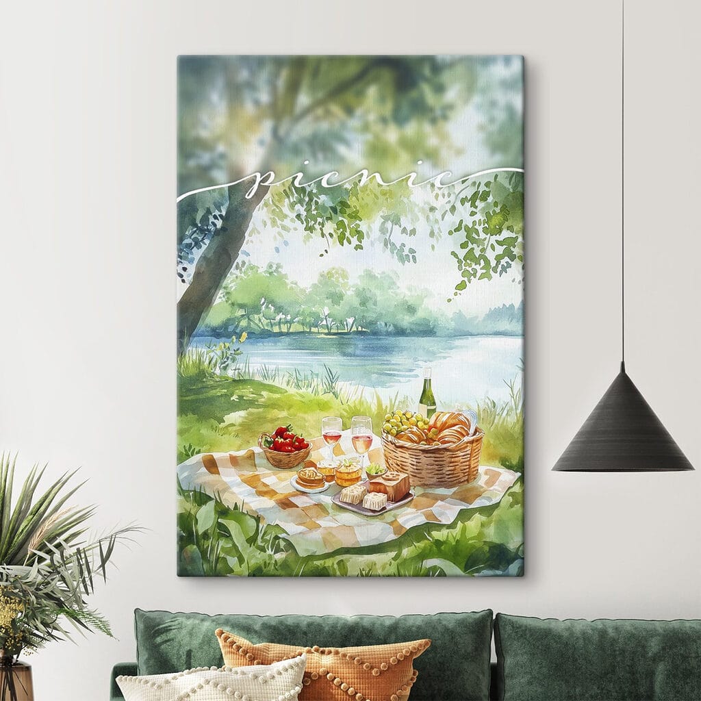 Watercolor painting of a picnic with food and wine on a blanket by a lake
