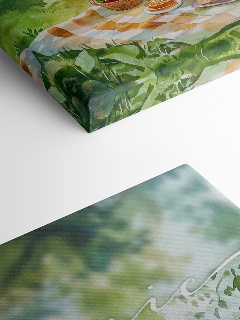 Watercolor painting of a picnic with food and wine on a blanket by a lake