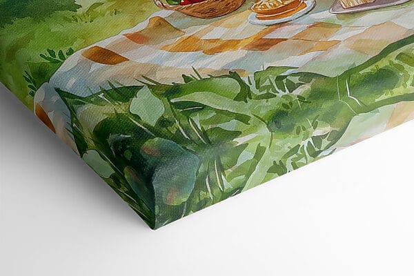 Aquarel schilderij van een picknick met eten en wijn op een deken bij een meer Aquarel schilderij van een picknick met eten en wijn op een deken bij een meer