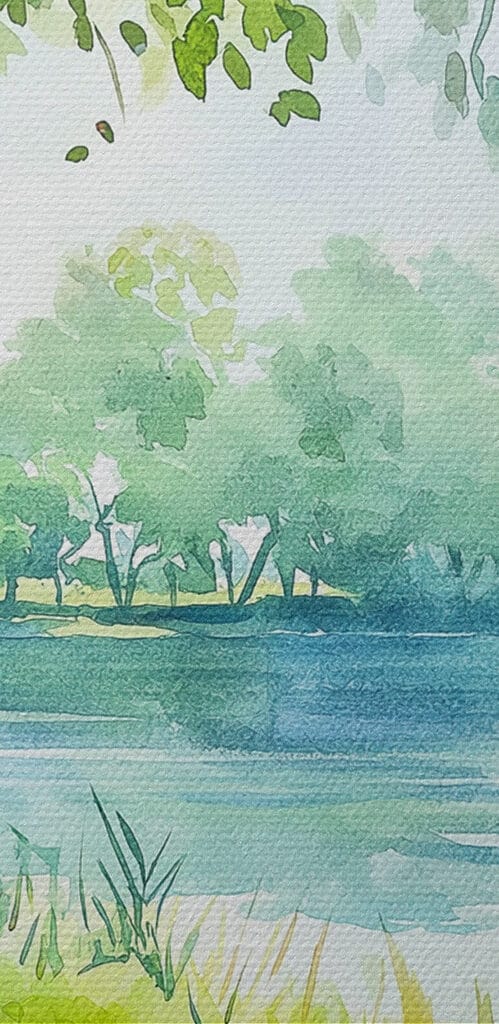 Watercolor painting of a picnic with food and wine on a blanket by a lake