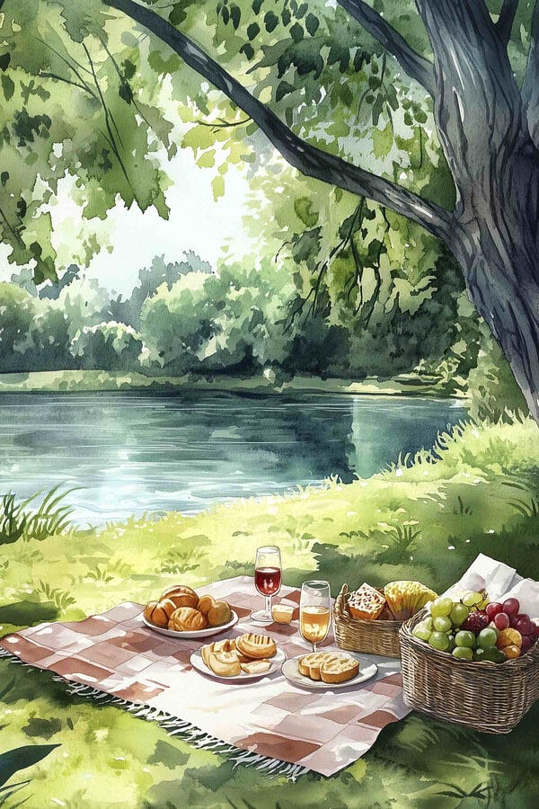 Aquarel van eten op een picknickkleed bij een meer Aquarel van eten op een picknickkleed bij een meer