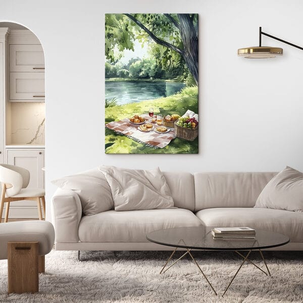 Aquarel van eten op een picknickkleed bij een meer Aquarel van eten op een picknickkleed bij een meer