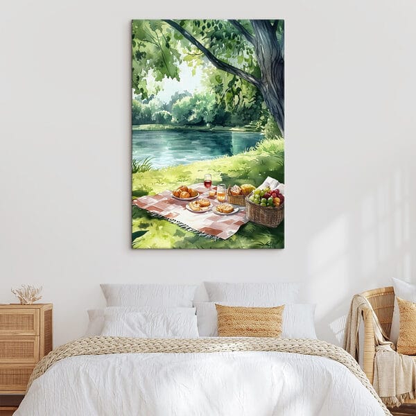 Aquarel van eten op een picknickkleed bij een meer Aquarel van eten op een picknickkleed bij een meer