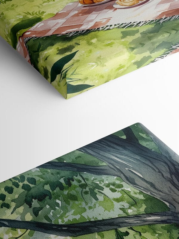 Aquarel van eten op een picknickkleed bij een meer Aquarel van eten op een picknickkleed bij een meer