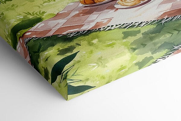 Aquarel van eten op een picknickkleed bij een meer Aquarel van eten op een picknickkleed bij een meer