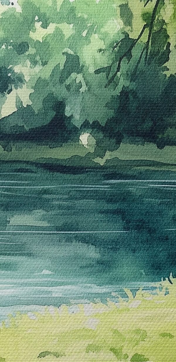 Aquarel van eten op een picknickkleed bij een meer Aquarel van eten op een picknickkleed bij een meer