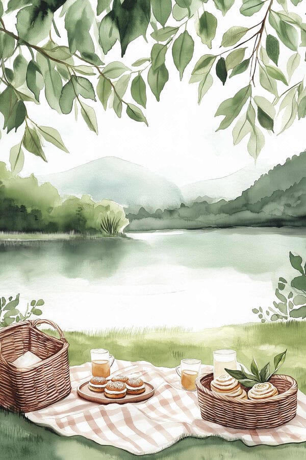 Aquarelverfschilderij van een picknickkleed met een mand en eten erop Aquarelverfschilderij van een picknickkleed met een mand en eten erop
