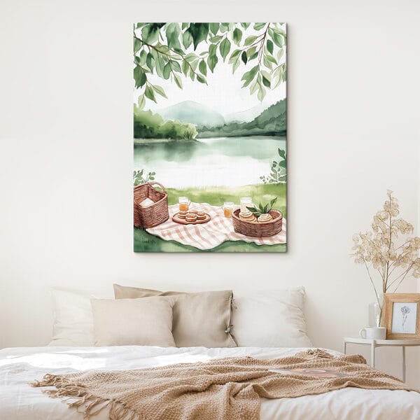 Aquarelverfschilderij van een picknickkleed met een mand en eten erop Aquarelverfschilderij van een picknickkleed met een mand en eten erop