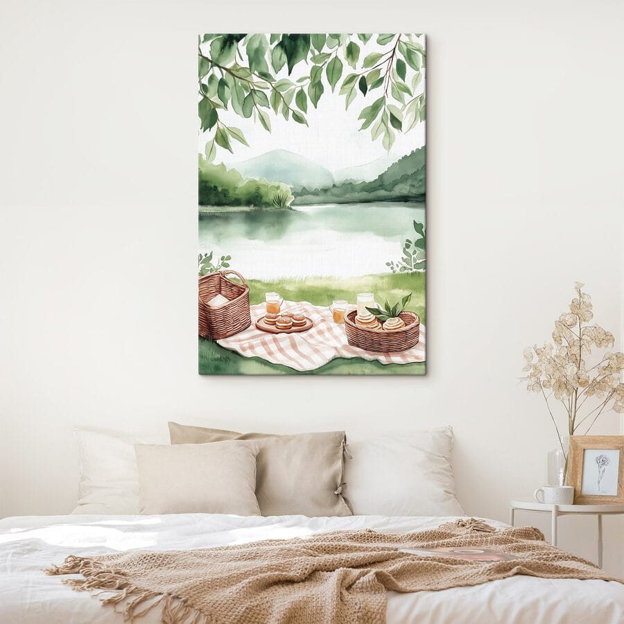 Aquarelverfschilderij van een picknickkleed met een mand en eten erop