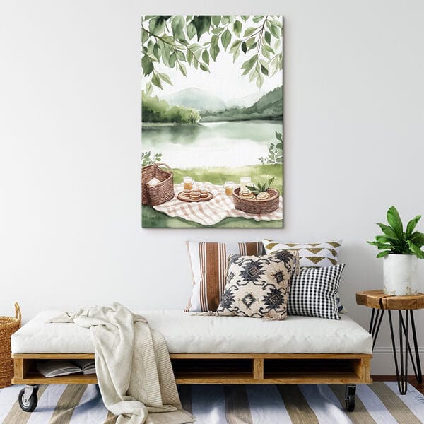 Aquarelverfschilderij van een picknickkleed met een mand en eten erop Aquarelverfschilderij van een picknickkleed met een mand en eten erop