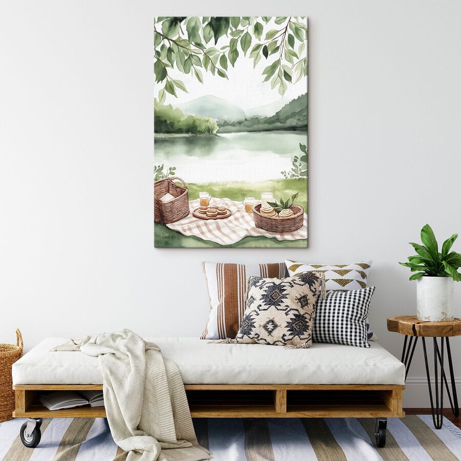 Aquarelverfschilderij van een picknickkleed met een mand en eten erop