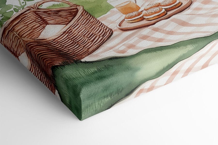 Aquarelverfschilderij van een picknickkleed met een mand en eten erop
