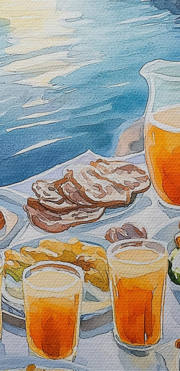 Tafel met eten door water Tafel met eten door water