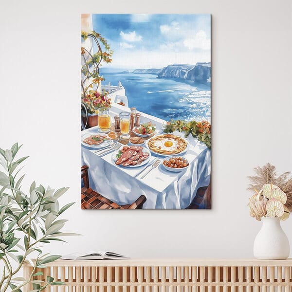 Aquarel schilderij van eten op een tafel met uitzicht op een watermassa Aquarel schilderij van eten op een tafel met uitzicht op een watermassa