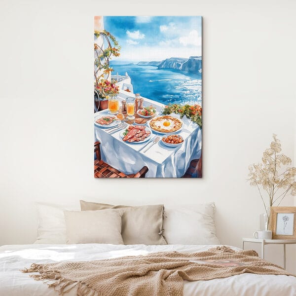 Aquarel schilderij van eten op een tafel met uitzicht op een watermassa Aquarel schilderij van eten op een tafel met uitzicht op een watermassa