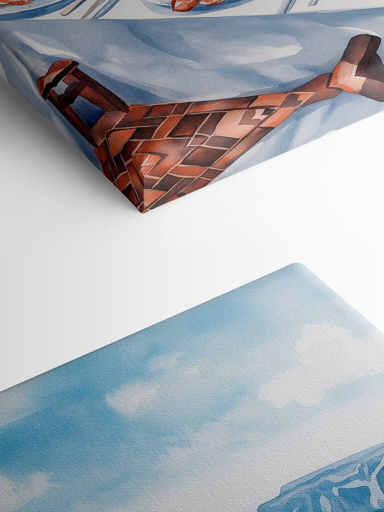 Watercolor painting of food on a table overlooking a body of water