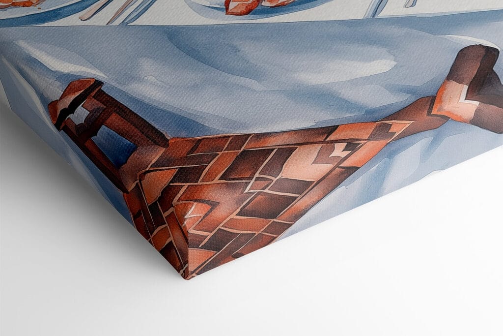 Watercolor painting of food on a table overlooking a body of water