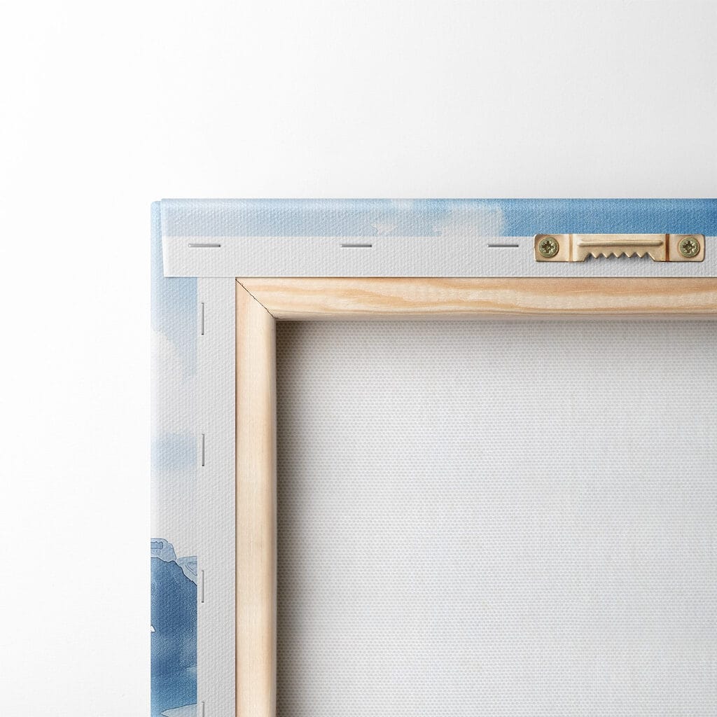 Watercolor painting of food on a table overlooking a body of water