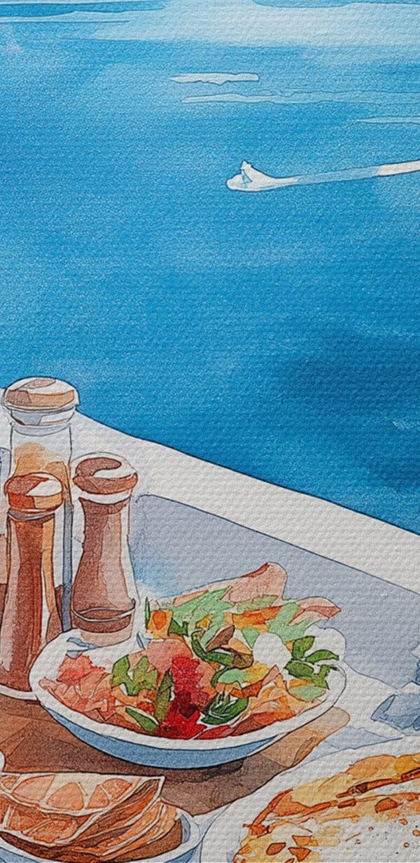 Aquarel schilderij van eten op een tafel met uitzicht op een watermassa Aquarel schilderij van eten op een tafel met uitzicht op een watermassa