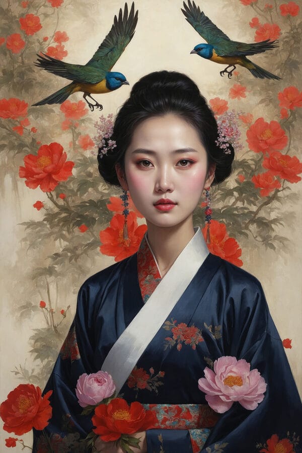 Vrouw in een kimono met bloemen en vogels Vrouw in een kimono met bloemen en vogels