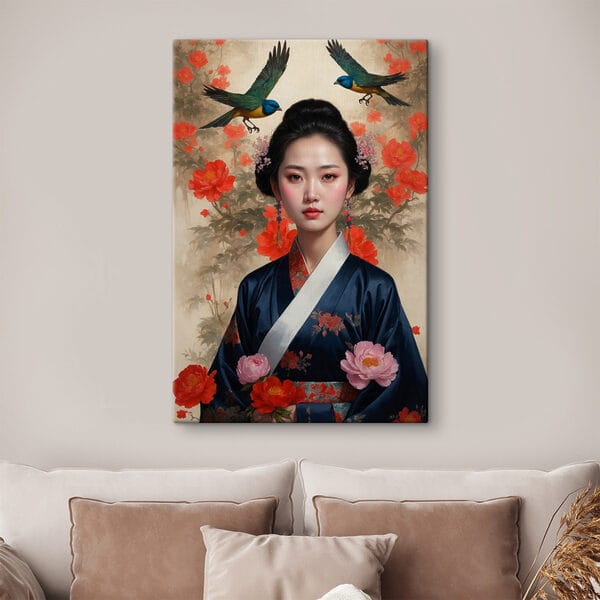 Vrouw in een kimono met bloemen en vogels Vrouw in een kimono met bloemen en vogels
