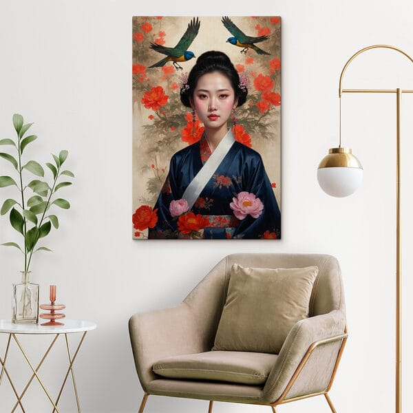 Vrouw in een kimono met bloemen en vogels Vrouw in een kimono met bloemen en vogels