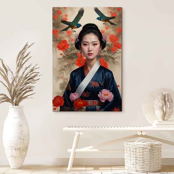 Vrouw in een kimono met bloemen en vogels Vrouw in een kimono met bloemen en vogels