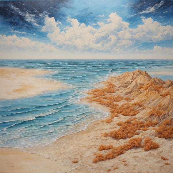 Schilderij van een strand met zand en water Schilderij van een strand met zand en water
