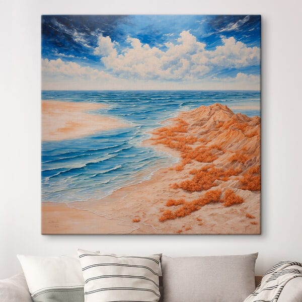Schilderij van een strand met zand en water Schilderij van een strand met zand en water