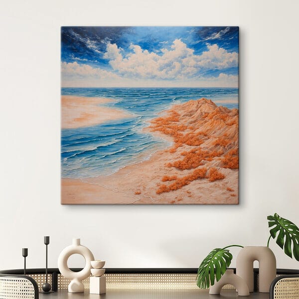 Schilderij van een strand met zand en water Schilderij van een strand met zand en water