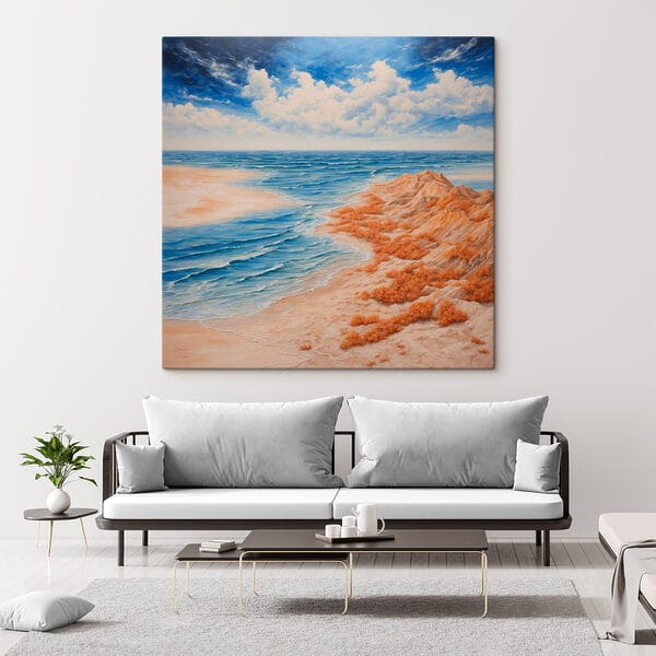 Schilderij van een strand met zand en water Schilderij van een strand met zand en water