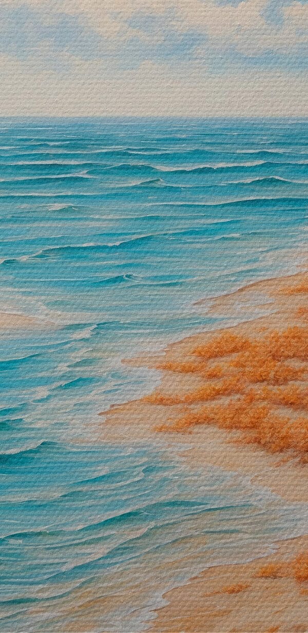 Schilderij van een strand met zand en water Schilderij van een strand met zand en water